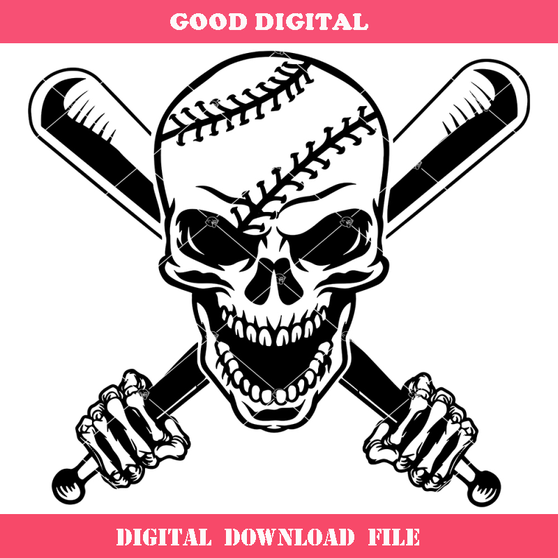 Baseball Skull with Crossed Bat Svg, Softball Skull Svg.jpg