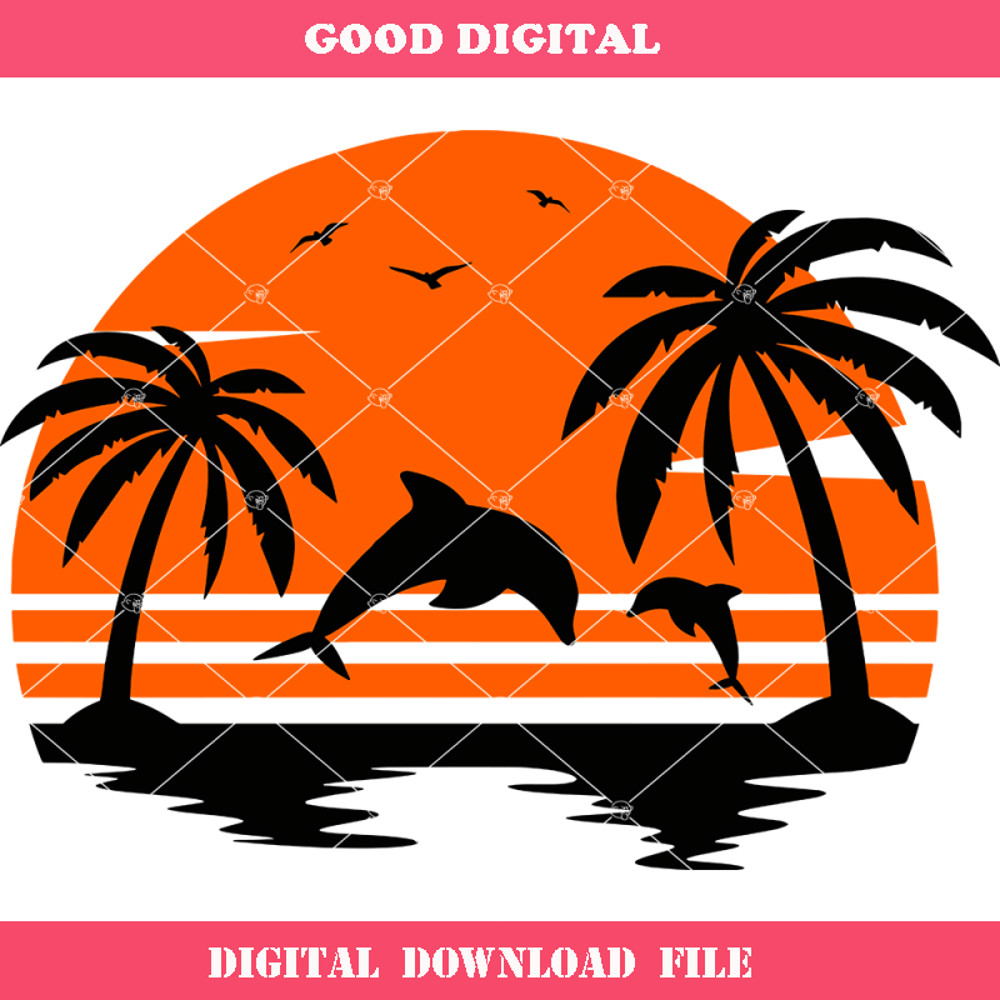 Beach And Dolphins Svg, Summer Scene Svg, Beach With.jpg