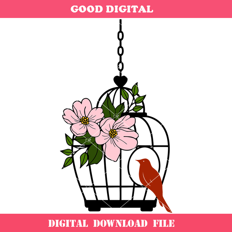 Birdcage with Flowers Svg, Birdcage Silhouette, Bird Svg.jpg