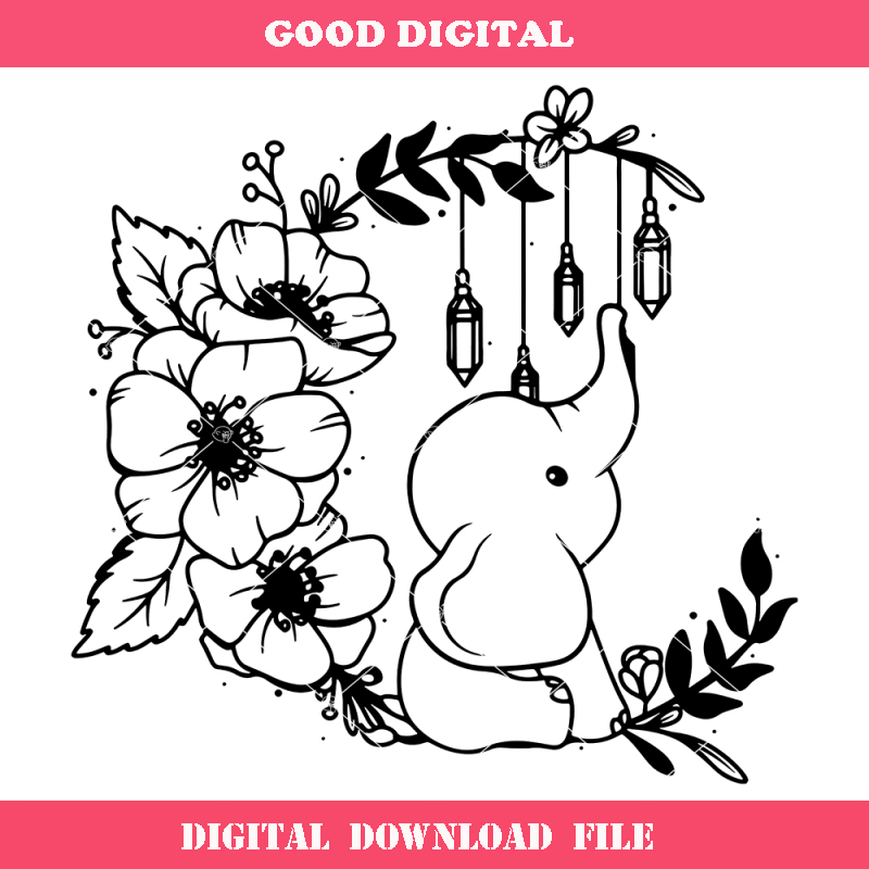 Cute Elephant On The Floral Moon Svg, Moon Elephant Svg.jpg