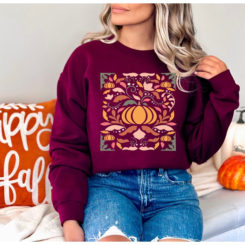 Floral Pumpkin Fall Sweatshirt, Flower Pumpkin Shirt, Aesthetic Fall Graphic Tee, Pumpkin Patch Shirt, Boho Pumpkin Shirt, Autumn Shirt.jpg