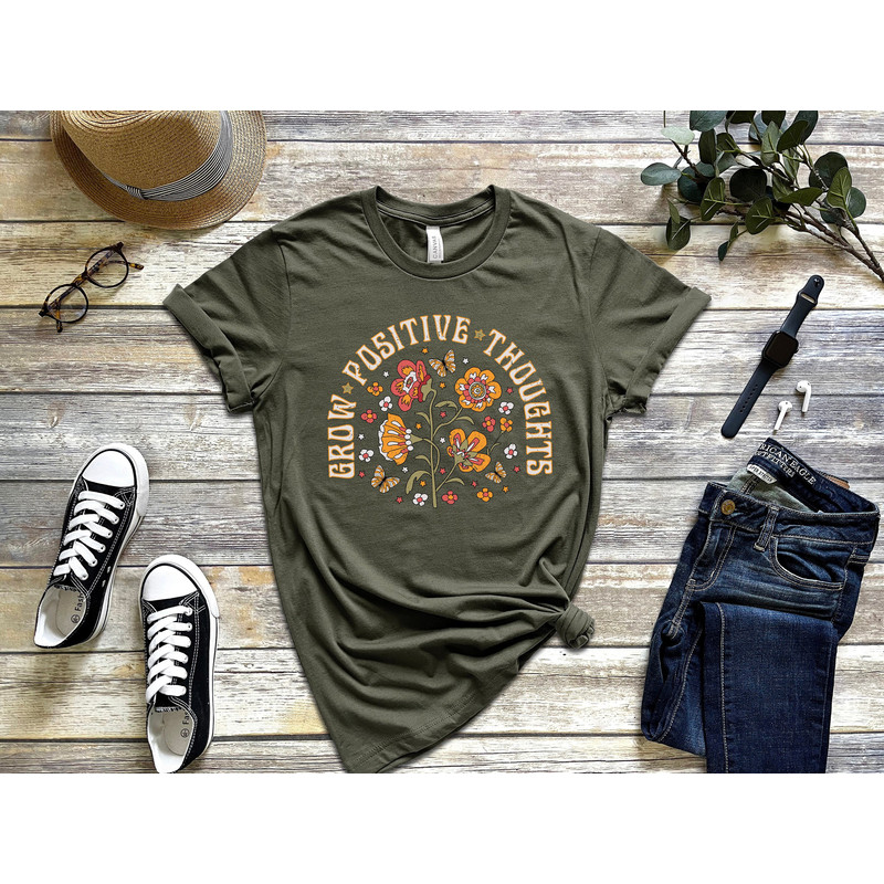 Grow Positive Thoughts Tee, Floral T-shirt, Bohemian Style Shirt, Butterfly Shirt, Trending Right Now, Women's Graphic T-shirt, Love Tee.jpg