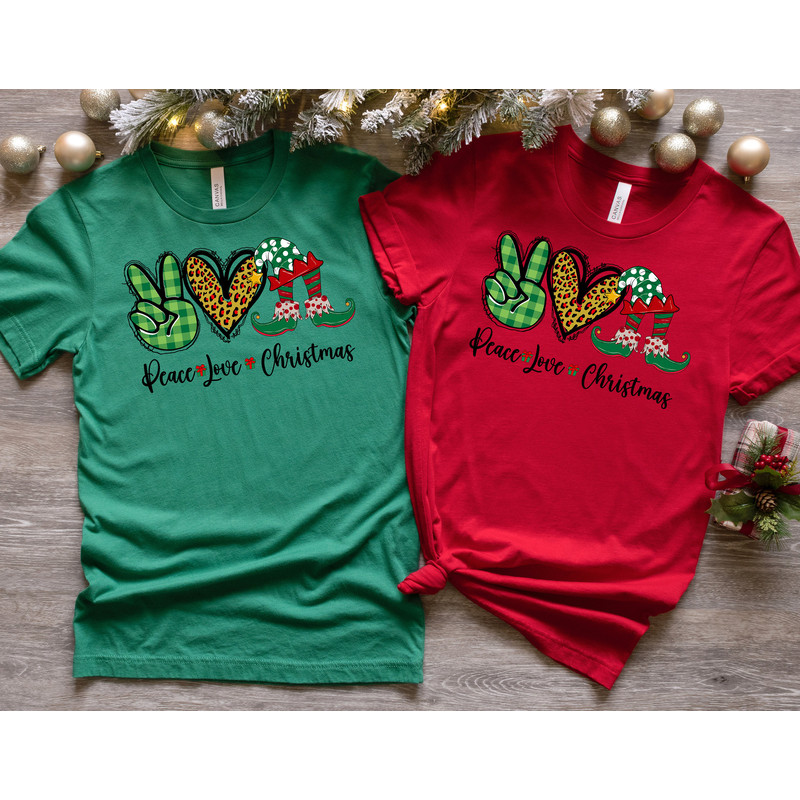 Piece Love Christmas Shirt, Christmas Trees Shirt, Buffalo Plaid Cheetah Leopard Christmas, Gift for Her, Family Matching Christmas Shirts.jpg