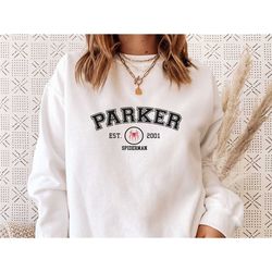 parker sweatshirt, spiderman sweatshirt, superhero jumper, parker est 2001, avengers sweater, marvel sweater, super hero