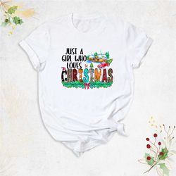 ladies christmas shirt, just a girl who loves christmas tee, vintage christmas shirts, christmas red truck shirt, cute w