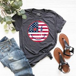 american flag smiley shirt, face retro star lightning shirt, american flag, 4th of july shirt, independence day tee, shi