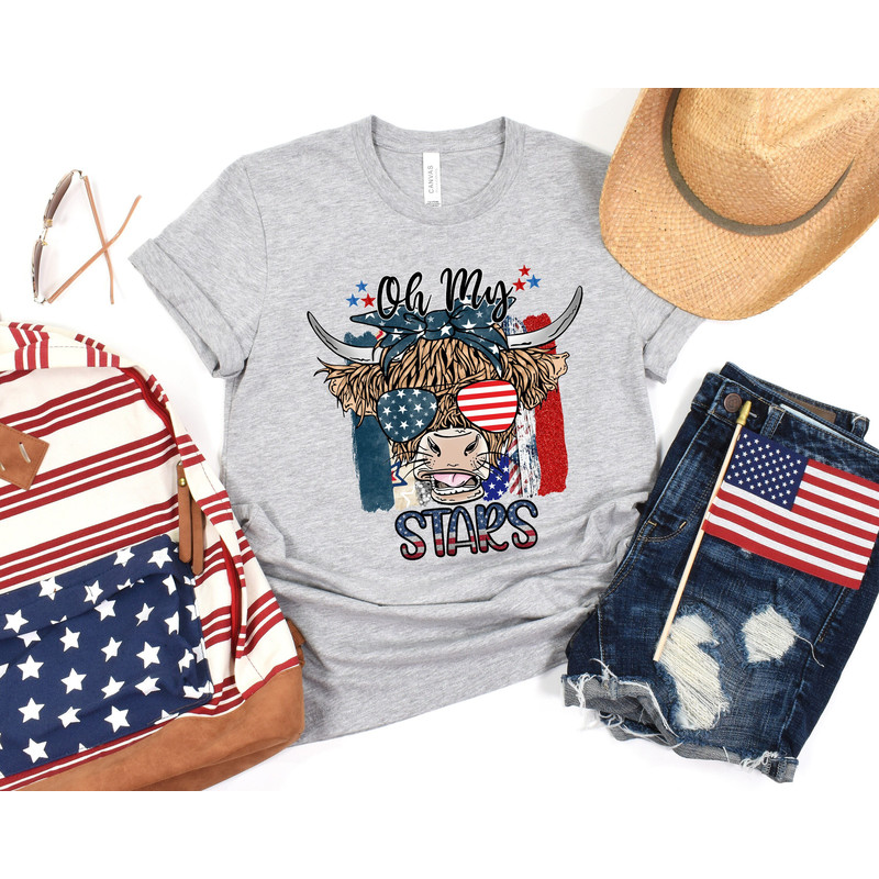 Oh My Stars Cow Shirt, Highland Cow shirt, Highland Cow With 4th July, American Flag Shirt, Fourth Of July Tee, Independence Day 1.jpg