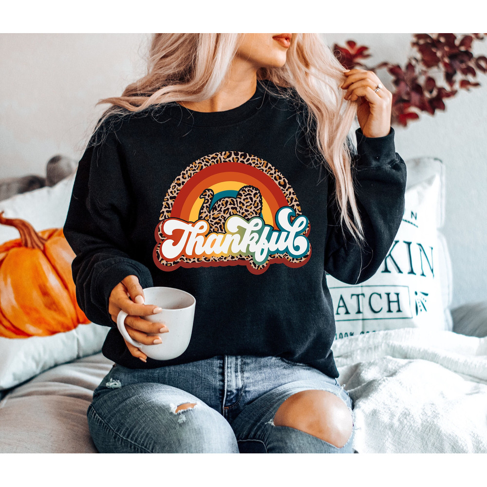 Rainbow Thankful Fall Pumpkin Sweatshirt, Thanksgiving Shirt, Fall Sweatshirt, Leopard rainbow Women's Fall Shirt, Thankful Fall Tee.jpg