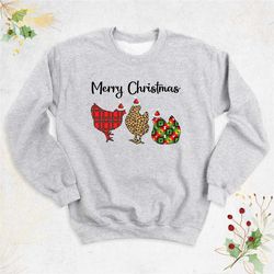 merry christmas chicken sweatshirt, holiday chicken hoodie, christmas farm sweatshirt, buffalo plaid chicken long sleeve