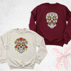 flower skull sweatshirt, halloween couple sweatshirt, halloween party, halloween skull sweatshirt, halloween skull hoodi