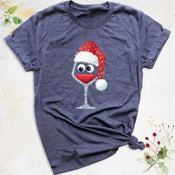 santa hat wine glass christmas shirt, christmas wine shirt, christmas drinking party tee, women funny christmas shirt, w