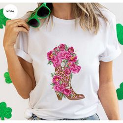 floral cowboy shirt, country womens clothing, gifts for her, western graphic tees, rodeo gifts for girls, flowers boots