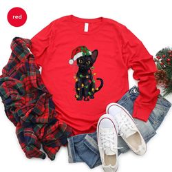 cute christmas sweatshirt, gifts for cat mom, christmas lights hoodies and sweaters, cat long sleeve shirts, cat dad out