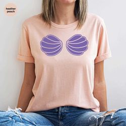 summer shell bra t-shirts, ocean beach outfits, mermaid shell graphic shirt, womens clothing, gift for her, adults cloth