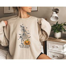 tis the season to be spooky skeleton sweatshirt, pumpkin skeleton shirt, fall sweatshirt, halloween party sweatshirt, sp