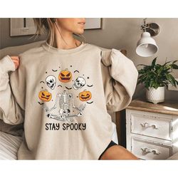 stay spooky skeleton sweatshirt, pumpkin skeleton shirt, fall sweatshirt, halloween party sweater, spooky season sweatsh