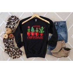 christmas cactus sweater, festive plant mom christmas sweatshirt, christmas plant mom gift, cactus with lights, holiday