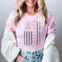 Breast Cancer Survivor Shirt, Breast Cancer Flag TShirt, Cancer Awareness T-Shirt, USA, Breast Cancer Warrior Graphic Te