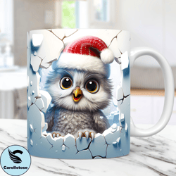 3D Baby Owl Christmas Mug Wrap, 3D Cracked Hole Owl Mug Wrap Sublimation Design PNG, 3D Floral 11oz and 15oz Owl Mug Wra