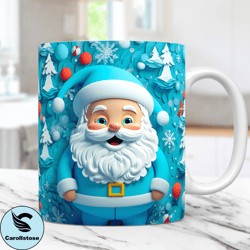 3D Blue Santa Christmas Mug Wrap Cute Mug Wrap Sublimation Design PNG 3D Santa Claus 11oz 15oz Coffee Cup Template, 3D C