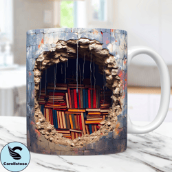 3D Bookshelf Mug Wrap, 3D Book Mug Wrap Sublimation Design PNG, 3D Book Lover Mug Wrap, 11oz and 15oz Coffee Mug Wrap, D