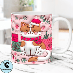 3D Christmas Mug Wrap Inflated Cat Mug Wrap Sublimation Design PNG Christmas Cat Mug Press Design 11oz & 15oz Puffy Coff