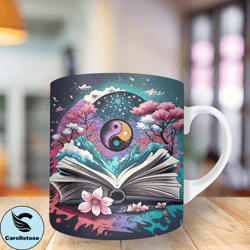 3d book yin yang flowers night tree Mug Png, 11oz And 15oz Mug Template, Mug Sublimation Design, Mug Wrap Template, Inst