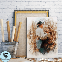 Husband And Wife Hugging Wall Painting In Paddy Field,portrait Photo Of Husband And Wife,watercolor Art Of Husband And W