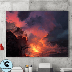 Red Hot Sky Canvas Wall Art Painting, Canvas Poster, Lava Flow Photo Art, Lava Flow Art, Volcanic Eruption Art Poster, W