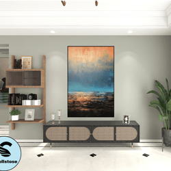 Dark Original Large Blue Ocean Oil Painting On Canvas, Acrylic Seascape Wall Art,Modern Beach For Living, Gold Plated Su