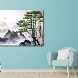 Japanese   Print,Japanese Landscape Painting of Pine Trees Canvas Wall Art,Cloud and Sunrise.Japanese Painting,Japan Pri