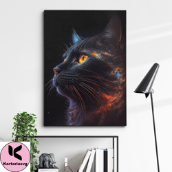 Colorful Galaxy Cat Pet Animal Lover Painting Splatter Wall Art, Framed Canvas Poster Print, Home Kitchen Office Room De