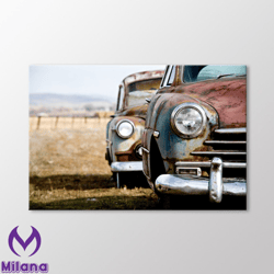 Old Rusty Cars Canvas Wall Art, Vintage Car Photo Print, Classic Cars Wall Decoration, Gift for Car Lovers, Mancave Desi
