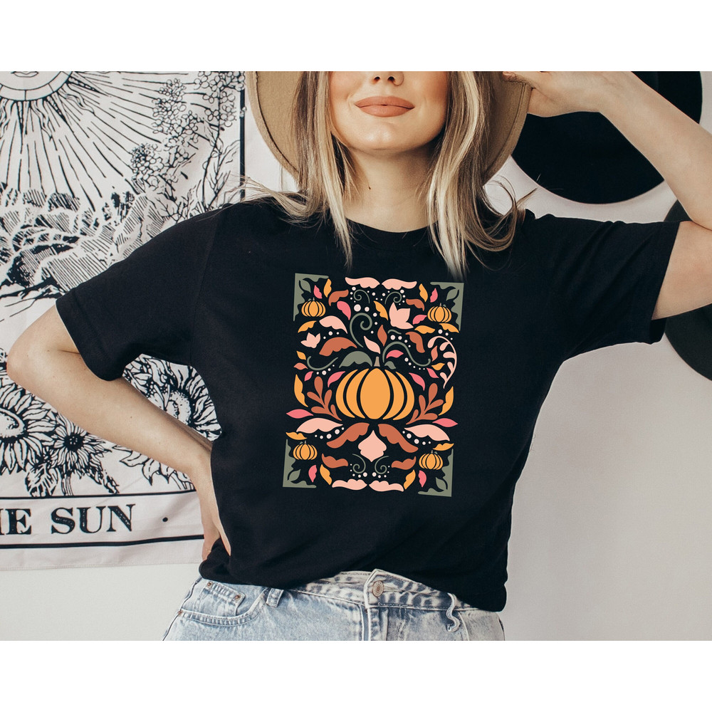 Floral Pumpkin Fall Shirt, Flower Pumpkin Shirt, Aesthetic Fall Graphic Tee, Pumpkin Patch Shirt, Boho Pumpkin Shirt, Autumn Shirt, Fall Tee.jpg