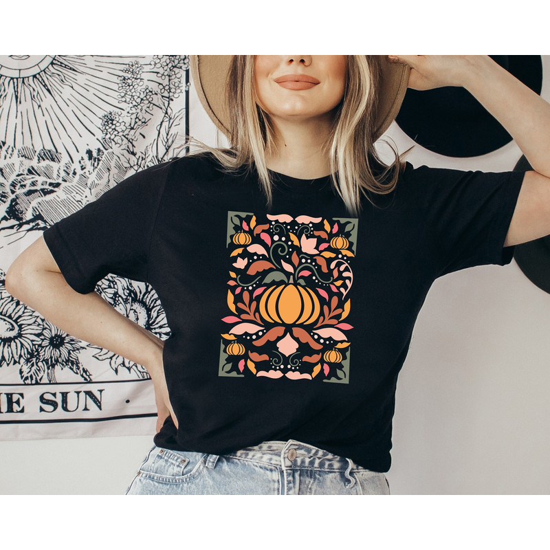 Floral Pumpkin Fall Shirt, Flower Pumpkin Shirt, Aesthetic Fall Graphic Tee, Pumpkin Patch Shirt, Boho Pumpkin Shirt, Autumn Shirt, Fall Tee.jpg