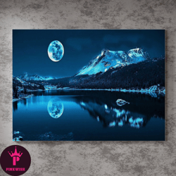 Blue Night Mountains Lake And Moon,Night Landscape Art,Mountain Reflection,Nature Painting,Celestial Decor,Serene Scener