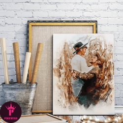 Husband And Wife Hugging Wall Painting In Paddy Field,portrait Photo Of Husband And Wife,watercolor Art Of Husband And W