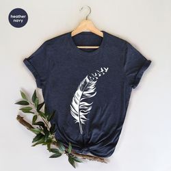 feather birds shirt, aesthetic gift, bird graphic tees, minimalist feather tshirt, gift for her, women vneck tshirt, ins
