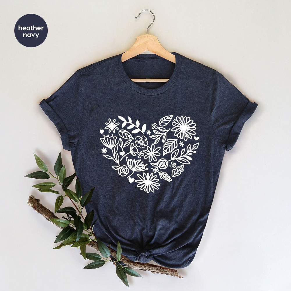 Flower T-Shirt, Gift for Her, Heart Graphic Tees, Gifts for Mom, Floral Womens Clothing, Girls Vneck TShirt, Gardener Gift, Spring Clothing.jpg