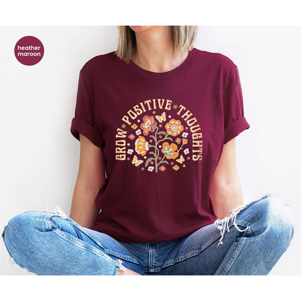 Mental Health Shirt, Positive T-Shirt, Boho Outfit, Motivational Gifts, Floral Vneck T Shirt, Inspirational Clothing, Retro Graphic Tees.jpg