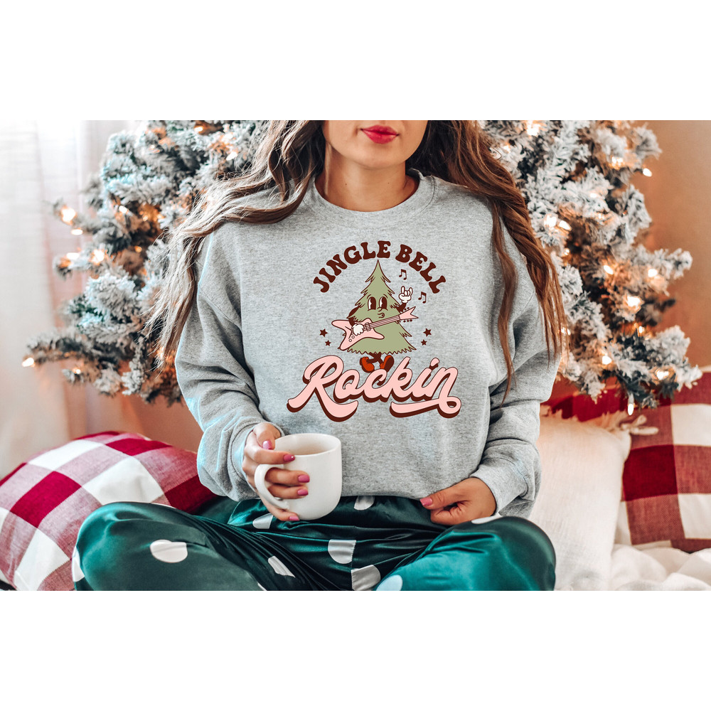 Retro Christmas Sweatshirt, Cute Trendy Boho Aesthetic Holiday, Women's Christmas Sweatshirt Ugly Christmas Sweater Jingle Bell Rockin' Tree.jpg