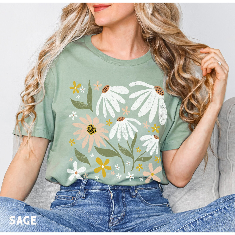 Retro Flowers Shirt, Boho Wildflowers TShirt, Floral Nature Botanical Shirt, Modern Art Nouveau Art Deco Shirt, Gardening Lover Gift for Her 1.jpg