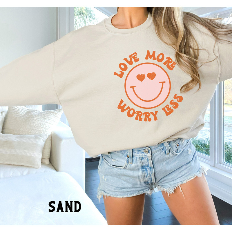 Womens Valentine's Day Sweatshirt, Valentines Day Hoodies for Women, Love More Worry Less, Groovy Retro Valentine's Day Crewneck Sweater 1.jpg