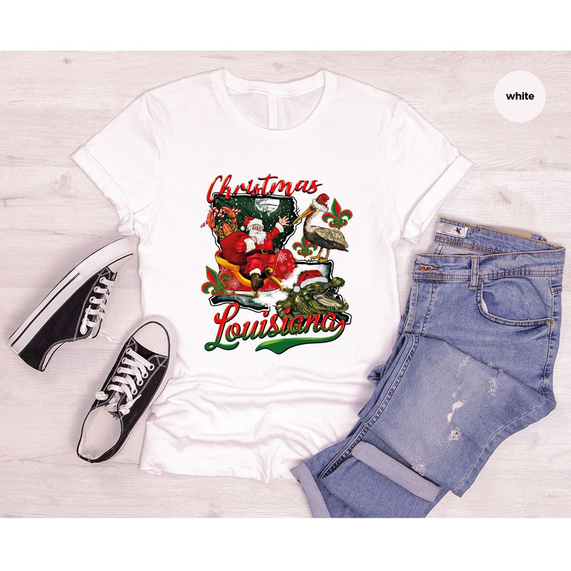 Merry Christmas Shirt, Louisiana TShirt, Christmas Gifts, Santa Graphic Tees, Crawfish Vneck Tee, Holiday Clothing, Pelican Vneck Shirt.jpg