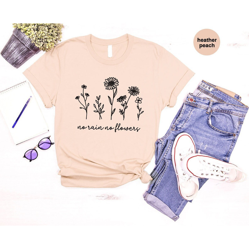 Motivational T-Shirt, Gift for Her, Inspirational Shirts, Flower Graphic Tees, Cute Womens Clothing, Floral Vneck Shirt, No Rain No Flowers.jpg