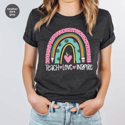 teacher shirts, teacher appreciation gifts, teacher vneck tshirts, rainbow graphic tees, inspirational outfit, kindergar