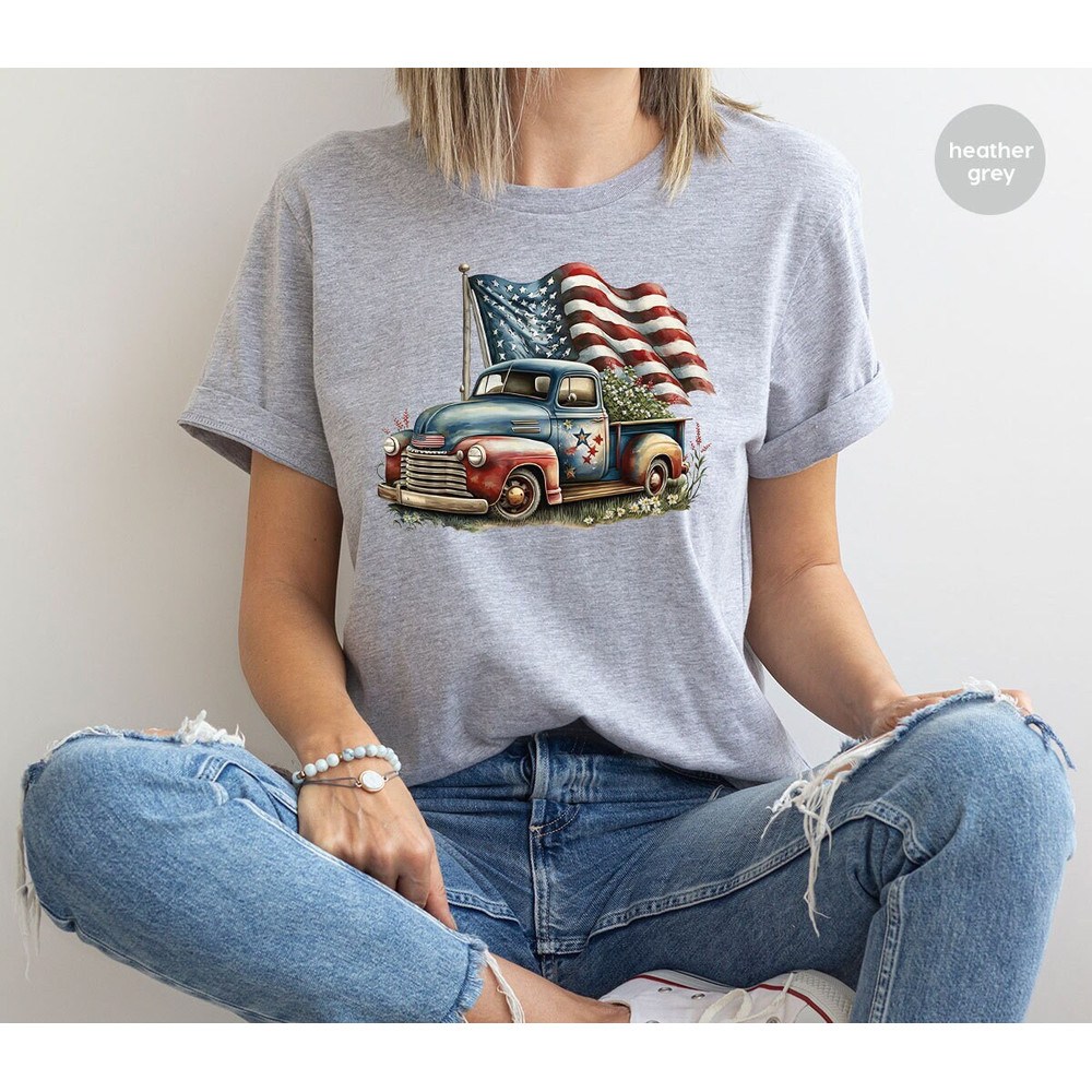 Vintage American Flag Shirt, Memorial Day Graphic Tees, Floral American Car Tee, Independence Day Gift, Patriotic Outfit, 4th of July Shirt.jpg