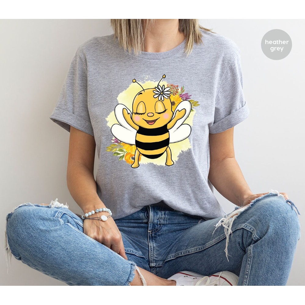 Bee Shirt, Gift for Her, Women Outfit, Happy Shirt, Gift for Friend, Bee Gifts, Botanical Shirt, Cute Bee T-Shirt, Floral Graphic Tees.jpg