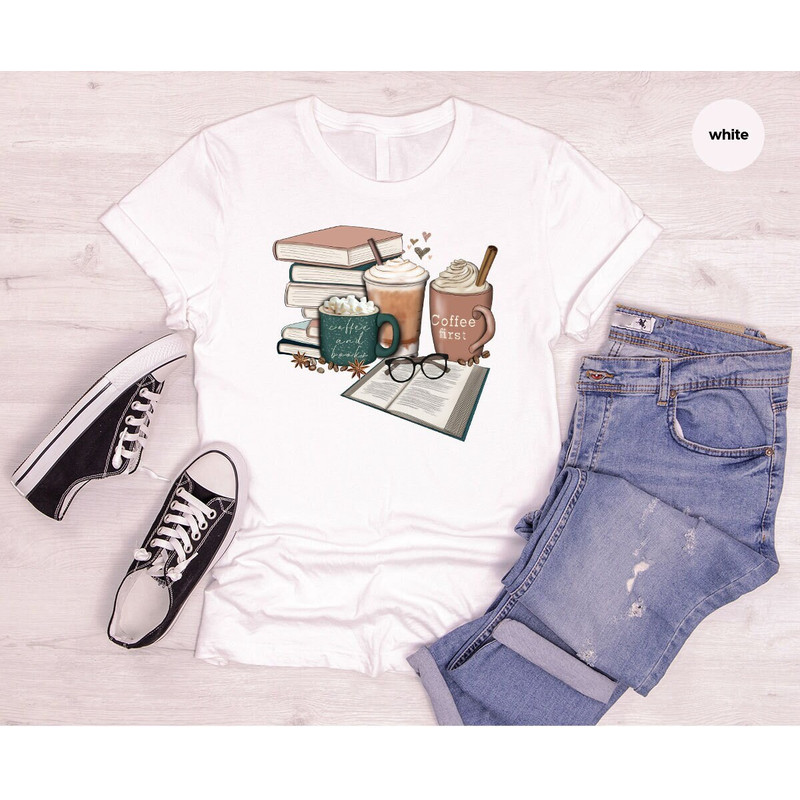 Book Shirt, Coffee T-Shirt, Librarian Shirt, Coffee Graphic Tees, Reading Shirt, Book and Coffee T-Shirt, Cute Shirt, Gift for Her.jpg