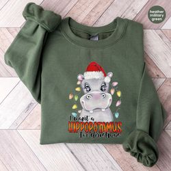 christmas hippo hoodies and sweaters, holiday long sleeve shirt, hippopotamus crewneck sweatshirt, christmas party gifts